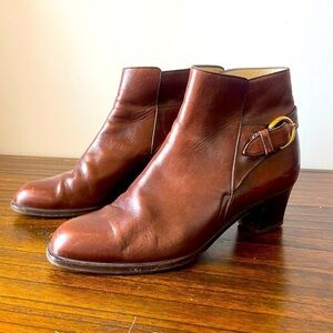 Bally, 8, designer brown leather women’s ankle boots with buckle and small heel